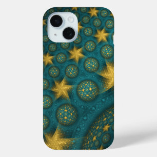 ターコイズと黄色の抽象芸術星パターン iPhone 15ケース