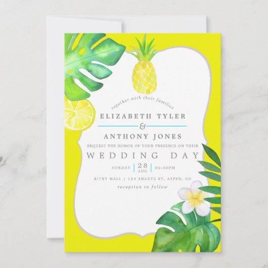 ターコイズと黄色の水の色サマー結婚ズ 招待状 (正面)