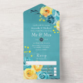 ターコイズと黄色の水色のフローラ オールインワン招待状 (内側)