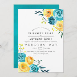ターコイズと黄色の水色のフローラ 招待状