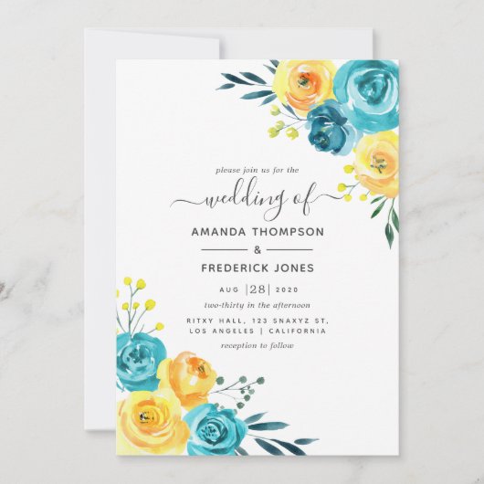 ターコイズと黄色の水色のフローラ 招待状 (正面)