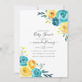 ターコイズと黄色の水色フローラベビーシャワー 招待状 (正面)