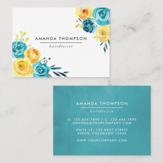 ターコイズと黄色の水色フローラ 名刺 (正面/裏面)