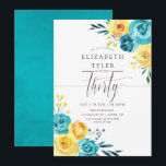 ターコイズと黄色フローラ30th誕生日パーティー 招待状<br><div class="desc">ターコイズと黄色 – ティール（緑がかった色）とレモンのフローラ30歳の誕生日の招待サンゴのアクセントでアクアレルの花と葉。</div>