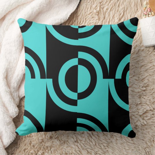 ターコイズと黒の円形フラグメント装飾用クッション クッション (ブランケット)