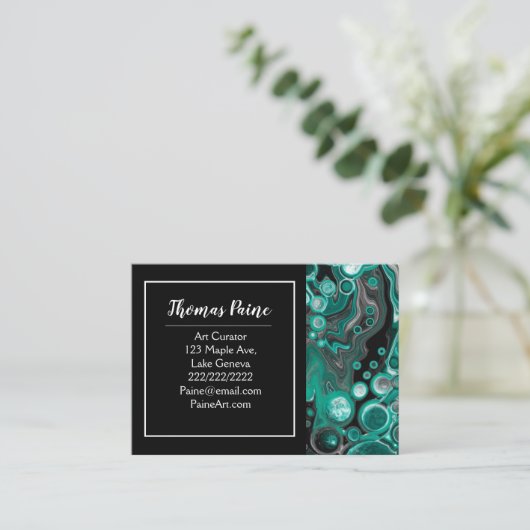 ターコイズと黒の大理石の流体アート 名刺 (スタンド正面)