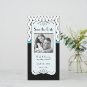 ターコイズと黒の日付の写真カードを保存 セーブザデート (スタンド正面)