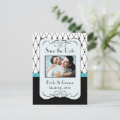 ターコイズと黒の日付写真はがきを保存 案内ポストカード (スタンド正面)