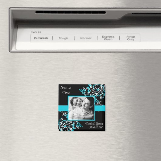 ターコイズと黒の日付写真マグネットを保存 マグネット (インサイチュ (食洗機))