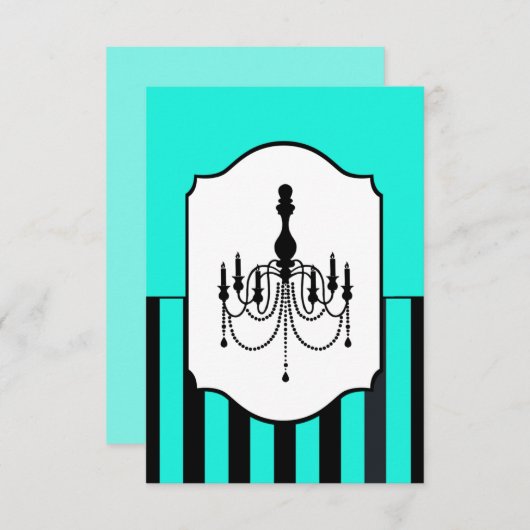 ターコイズと黒シャンデリアストライプのRSVPカード 出欠カード (正面/裏面)