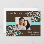 ターコイズとBrown日付写真はがきを保存 案内ポストカード (正面/裏面)