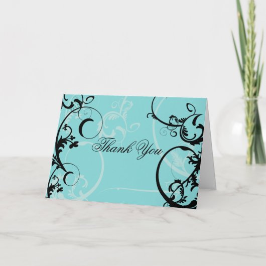 ターコイズにブラックスワールが渦巻く装飾が施されている サンキューカード (正面)