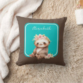 ターコイズのかわいいナマケモノ+名前入り水玉模様 クッション (ブランケット)