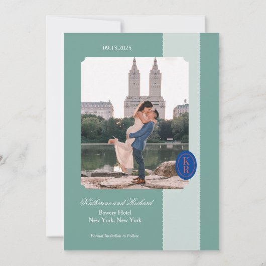 ターコイズのウェーブエッジ Save The Date 招待状 (裏面)