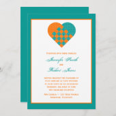 ターコイズのオレンジリボンのハートの結婚式招待状 招待状 (正面/裏面)