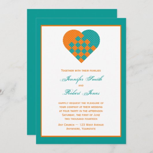 ターコイズのオレンジリボンのハートの結婚式招待状 招待状 (正面/裏面)