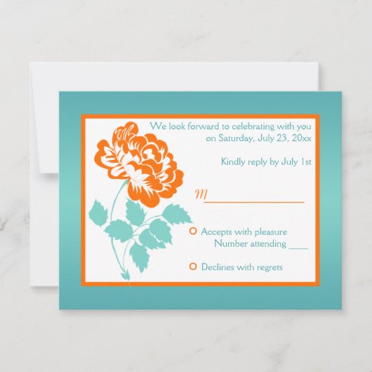 ターコイズのオレンジ色の牡丹の返信カード 出欠カード (正面)