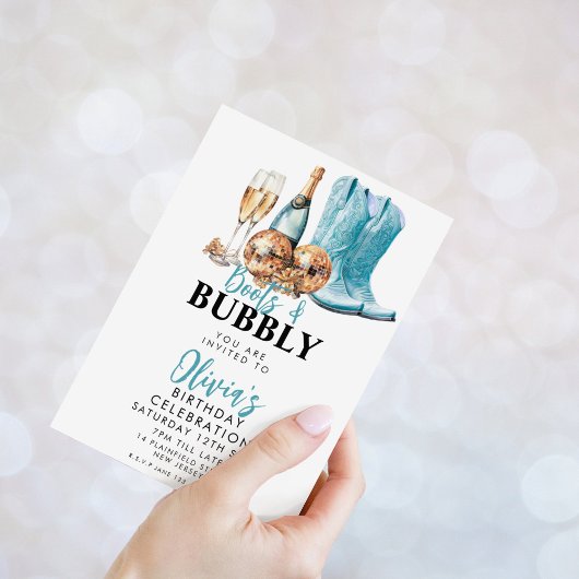 ターコイズのカウボーイブーツとバブルパーティーの招待状 招待状