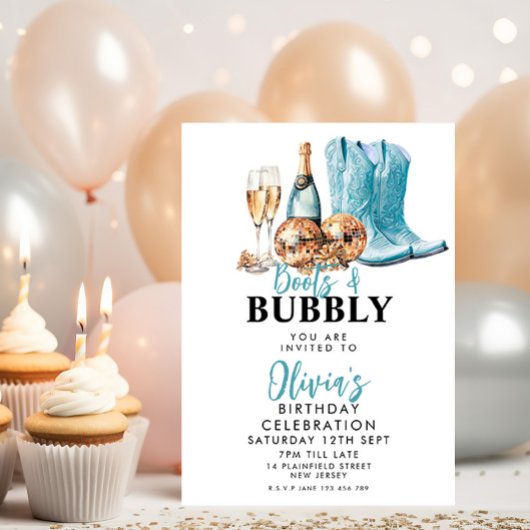 ターコイズのカウボーイブーツとバブルパーティーの招待状 招待状