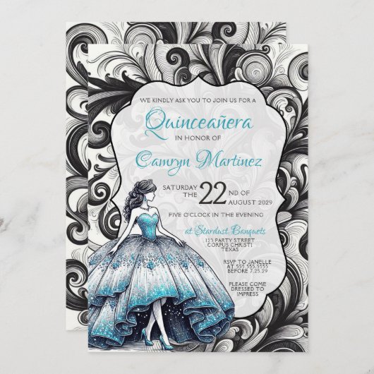 ターコイズのキンセアニエラの女の子の招待状 招待状 (正面/裏面)