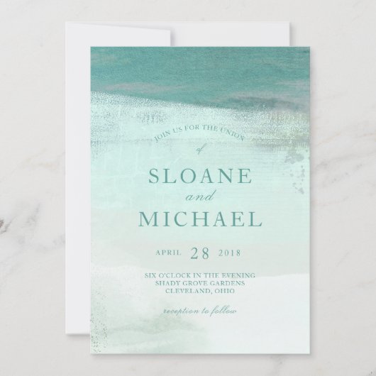 ターコイズのグラデーションな水彩画の洗浄ビーチ結婚式 招待状 (正面)