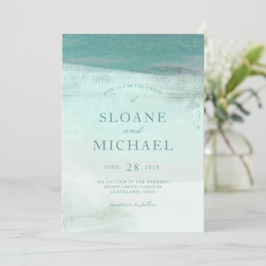 ターコイズのグラデーションな水彩画の洗浄ビーチ結婚式 招待状 (スタンド正面)