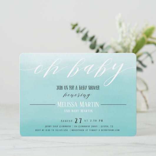 ターコイズのグラデーションな男の子のベビーシャワーの招待状 招待状 (スタンド正面)