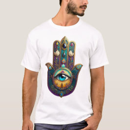 ターコイズのサードアイがついたハムサのゴールド・バイオレット・ティールデザイン Tシャツ