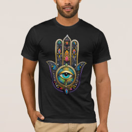 ターコイズのサードアイがデザインされたカラフルなブラックゴールドのハムサ Tシャツ