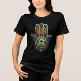 ターコイズのサードアイがデザインされたカラフルブラックゴールドのハムサ トライブレンドTシャツ