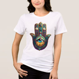 ターコイズのサードアイを持つゴールド・バイオレット・ティールのハムサ トライブレンドTシャツ