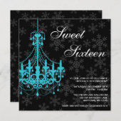 ターコイズのシャンデリア 黒の雪の結晶 スイート16の誕生日 招待状 (正面/裏面)
