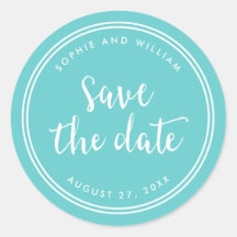 ターコイズのスクリプトとホワイトストライプの「Save the Date」