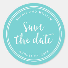 ターコイズのスクリプトとホワイトストライプの「Save the Date」 ラウンドシール