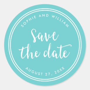 ターコイズのスクリプトとホワイトストライプの「Save the Date」 ラウンドシール