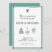 ターコイズのストライプ枠の保存日付 招待状 (正面/裏面)