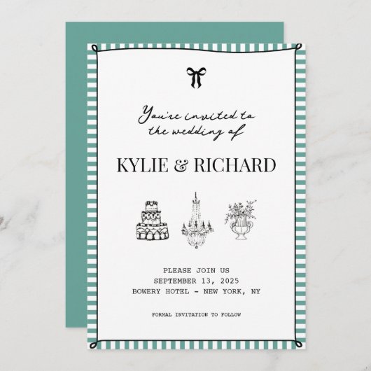 ターコイズのストライプ枠のSave The Date 招待状 (正面/裏面)