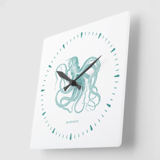 ターコイズのタコと数字の白モノグラム スクエア壁時計 (傾斜)