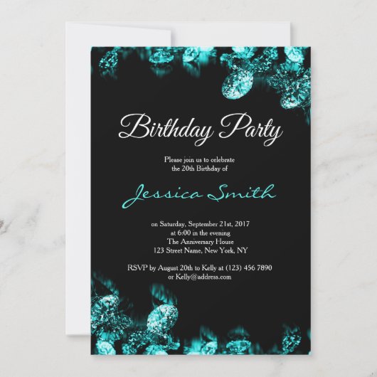 ターコイズのダイヤモンドの誕生会の招待 招待状 (正面)
