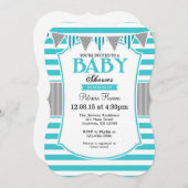 ターコイズのティール(緑がかった色)の灰色のストライプのベビーシャワーの招待状 招待状 (正面/裏面)