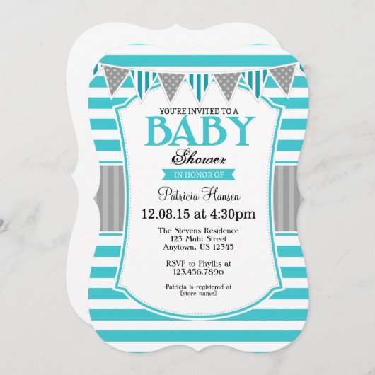 ターコイズのティール(緑がかった色)の灰色のストライプのベビーシャワーの招待状 招待状 (正面/裏面)