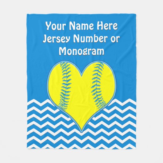 ターコイズのハートのソフトボール毛布あなたの色、文字 フリースブランケット (正面)