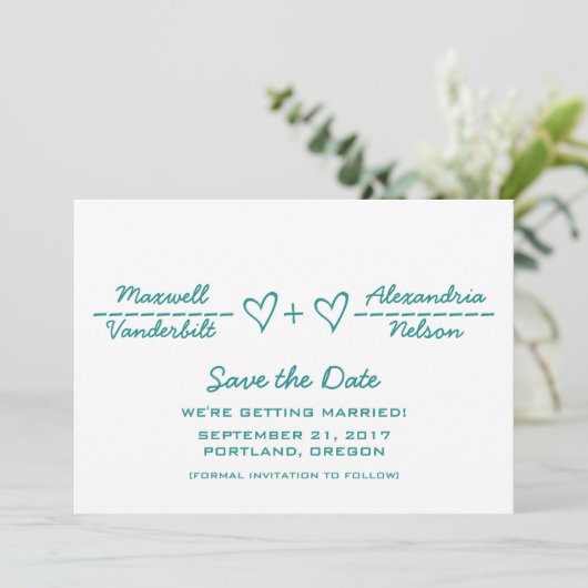 ターコイズのハートの数式Save the Date招待 招待状 (スタンド正面)