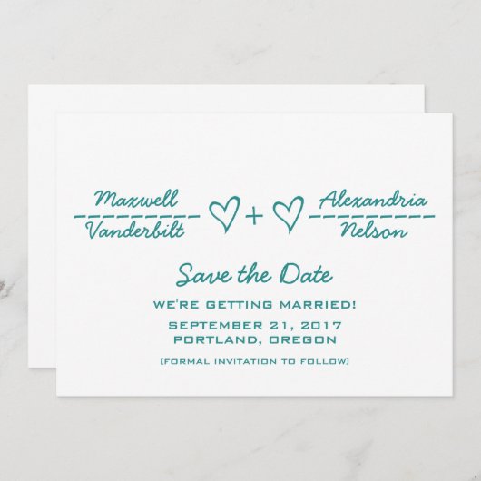 ターコイズのハートの数式Save the Date招待 招待状 (正面/裏面)