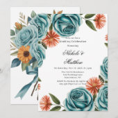ターコイズのバラとオレンジの花のウェディングセレブレーション 招待状 (正面/裏面)