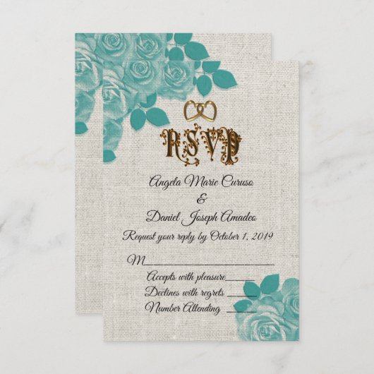 ターコイズのバラのリネン結婚式の出欠確認 招待状 (正面/裏面)