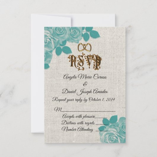 ターコイズのバラのリネン結婚式の返信カード 招待状 (正面)