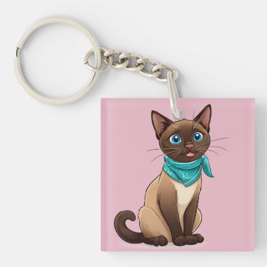 ターコイズのバンダナを着けた愛らしいシャム猫 キーホルダー (正面)