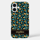 ターコイズのヒョウ柄にゴールドの箔押しモノグラム Case-Mate iPhoneケース (裏面)