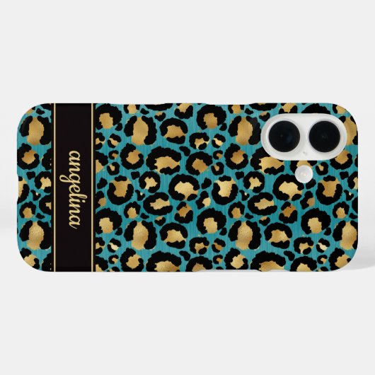 ターコイズのヒョウ柄にゴールドの箔押しモノグラム Case-Mate iPhoneケース (裏面 (横))